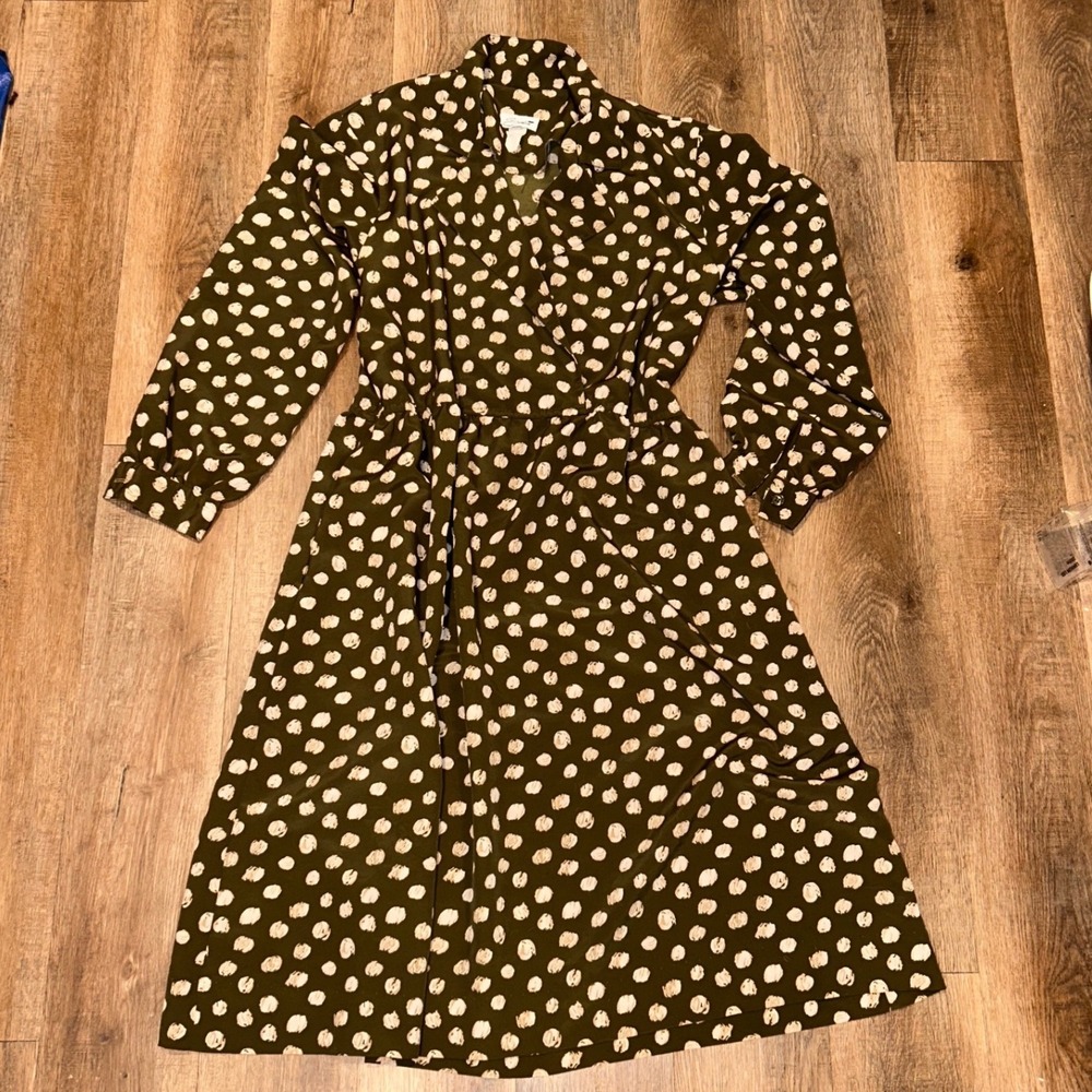 Vintage Serbin Olive Green Polka Dot Midi Dress Long Sleeve Cottagecore Pockets